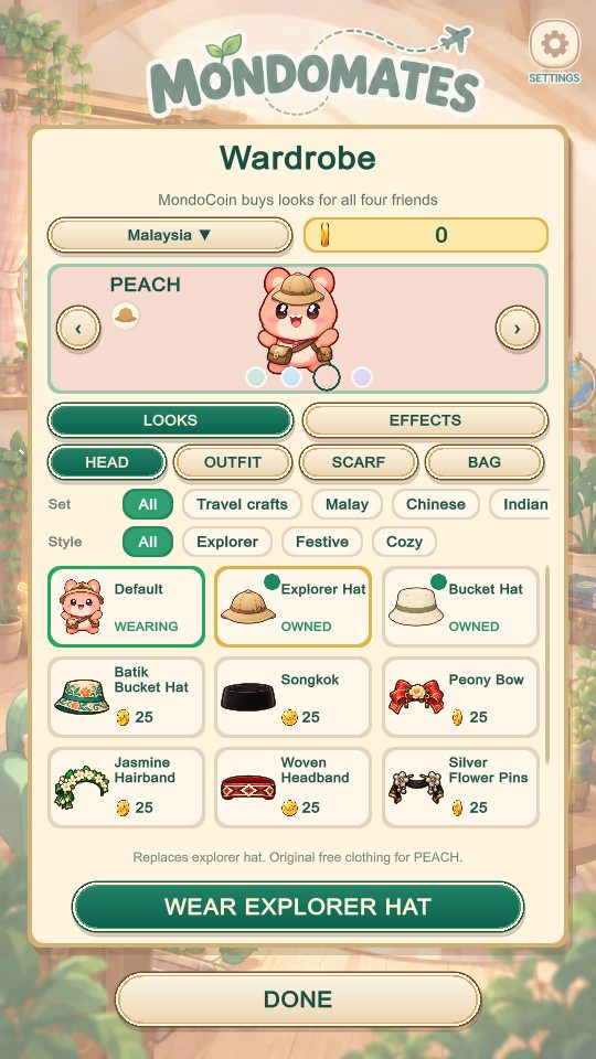 The wardrobe with outfit sets and a friend trying on an explorer hat