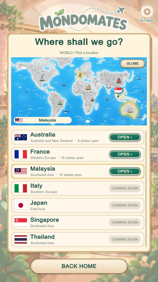 The world map with Australia, France and Malaysia open to play